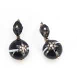A pair of 19th Century banded agate and diamond set earrings, the agate beads having diamond