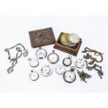 A small group of pocket watches and chains, together with a quantity of watch key and a carved