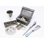 A 1970s silver Armada dish and other items, including a silver and enamelled glove stretcher and