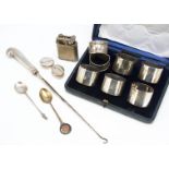 A small group of silver and plate, including a cased set of five silver napkin rings, two British