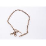 A Victorian or later 9ct gold watch chain, hallmarked to twist curb links and T bar, 28.2g