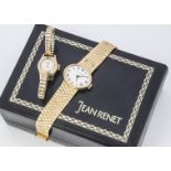 A c1970s Jean Renet 9ct gold lady's wristwatch, 24mm wide oval case, with white dial, on