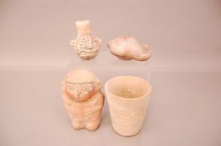 Four pre-Columbian pottery artefacts, including a figure of a man, 16cm high, a beaker with