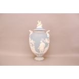 A large 19th century Wedgwood pottery Jasperware "Pegasus" urn, damaged, with an associated cover,