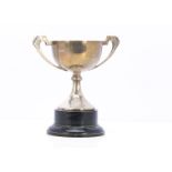 An Art Deco silver twin handled trophy by S.B & S Ltd, 28cm high on wooden black painted base, 13