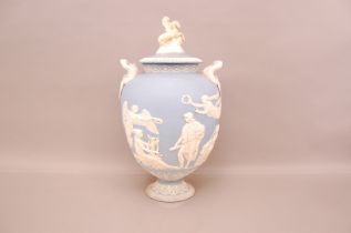 A large 19th century Wedgwood pottery Jasperware "Pegasus" urn, 48cm, cover restored, recently