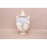 A large 19th century Wedgwood pottery Jasperware "Pegasus" urn, 48cm, cover restored, recently