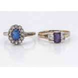 A 9ct gold amethyst and white topaz three stone dress ring, ring size Q, together with a 9ct gold