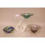 Five items of Studio Glass, including a clear sculpture with otter, similar to Mats Johansen, a