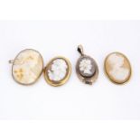 Four carved shell cameos, in gilt metal mounts, all carved with classical female profiles, three