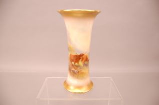 An early 20th century Royal Worcester porcelain vase, with flared rim, 19cm, with highland cattle in