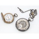 A Victorian open faced pocket watch by Canneneo of Stockton on Tees, AF, with a silver chain and a