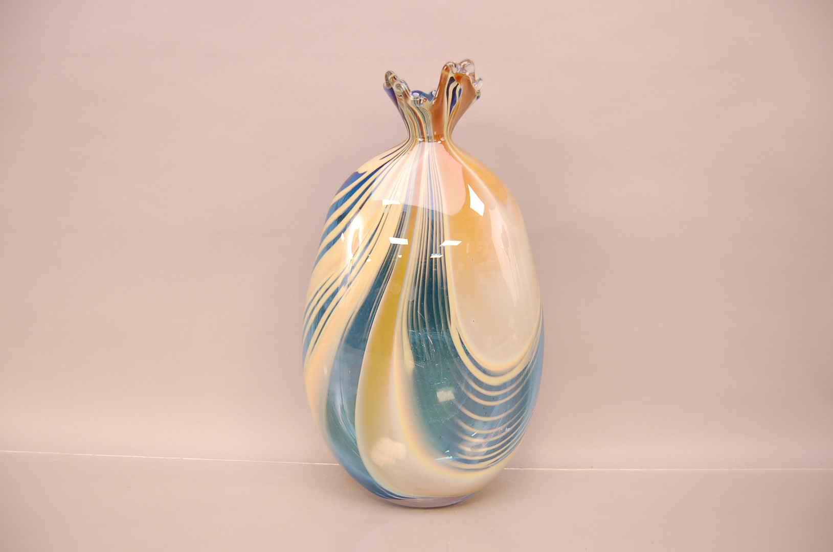 A large modern Studio Glass vase by Peter Layton. 43.5cm, in sea blue with creams and light brown