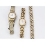 Two ladies gold plated wristwatches, and a gold plated bracelet (3)