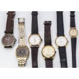 A small group of watches, including a 9ct gold Zenith with engraved rear case, an Omega quartz