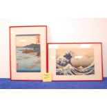 Five Japanese woodblock prints, one after Hokusai of the Great Wave, one after Hiroshige, and