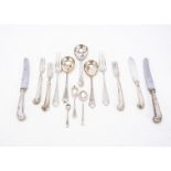 A small group of modern silver cutlery, including a pair of forks and three soup spoons, two