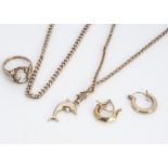 A quantity of 9ct gold, including two chains, cameo ring and mis matched earrings, 18g in total
