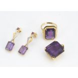 A suite of amethyst jewels, all in yellow metal with continental strike marks and marked 18KT, the