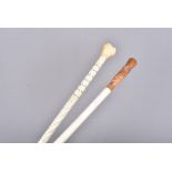 Two antique Narwhal tusk walking canes, both being worked examples, on smooth and the other smoothed