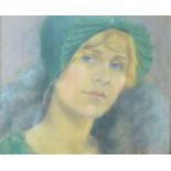 H M Strom American early 20th Century, portrait of fashionable young lady in green dress with fur