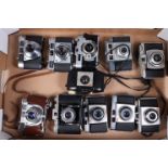 A Tray of Kodak Cameras, including a Kodak 35, a Retinette IB, two Retinette IIB's, a Colorsnap