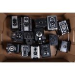 A Tray of Box Cameras, including an Ensign Ful-Vue (2), Ful-Vue Super, Fulvueflex, a Robi, two Kodak