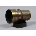 A Hermagis Paris Petzval Brass Projection Lens, barrel F, with mounting collar, cap and lens hood,