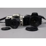 A Canon EOS 1000F and a Nikon F50 SLR Cameras, EOS, serial no 3937523, body VG, shutter working,