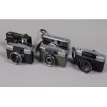 Five Olympus Pen Half Frame Cameras, a Pen EF, shutter working, aperture preview functions, red
