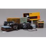 Various Vintage Cameras, comprising a Coronet Vogue bakelite folding camera with maker's soft case