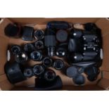 A Tray of SLR Lenses and Optical Converters, lens brands include Canon (2), Cosina (3), Hanimex (1),