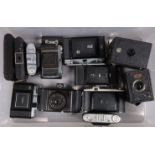 A Tray of Box and Folding Cameras, including a Kodak Retina Ia type 015, shutter working, body F-