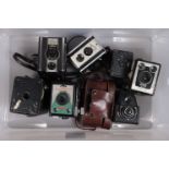 A Tray of Box Cameras, including a Coronet Captain, F-20 Coro-Flash, a Hawkeye Ace De Luxe, an