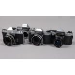 Four Praktica Cameras, a Praktica FX 2 body, shutter working, body G, a IV F, shutter working,