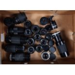 A Tray of SLR Lenses, comprising Canon FD lenses; a 28mm f/2.8, a 50mm f/1.8 S.C., a 70-210mm f/4,