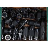 A Tray of SLR Lenses, brands include Bell & Howell, Carl Zeiss Jena, Cosina, Exakta Japan, Hoya,