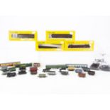 British Outline N Gauge Goods Wagons Coaching Stock and Locomotive Body, various items, three