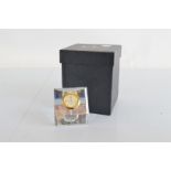 A boxed geometric cut glass Hoya Bloxwich quartz clock, in Aquascutum card box, 8.5cm high