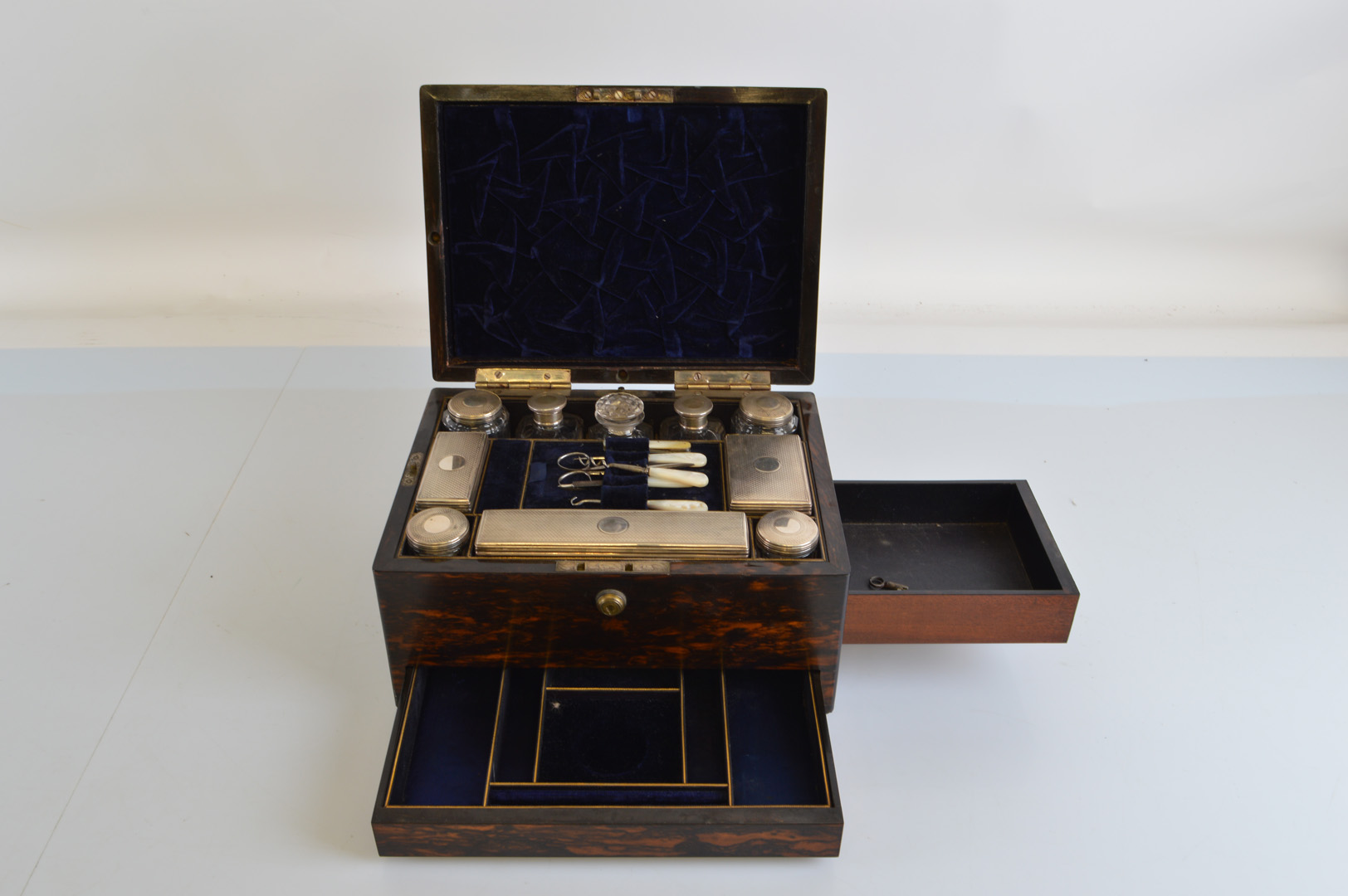 A 19th Century coromandel gentleman's dressing table box, with silver lidded contents hallmarked - Image 2 of 3