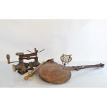 A large collection of bygone era metalware, including a Spong & Co meat grinder with table clamp,