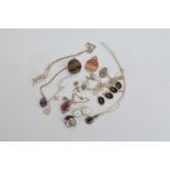 A quantity of silver jewellery, including silver and amethyst drop pendants, agate silver framed