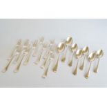 A part canteen of silver plated old English pattern flatware, six lunch forks, four dinner forks, to