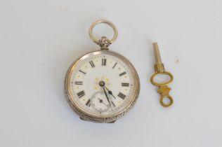 A continental lady's white metal open face fob watch, with enamel face, roam numerals, second