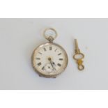 A continental lady's white metal open face fob watch, with enamel face, roam numerals, second