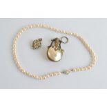 An Edwardian paste set and base metal heart shaped drop pendant, together with a mother of pearl and