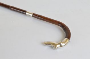 A George V bamboo and silver walking cane, with silver naturalistic handle and collar, copper and