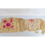 Two Edwardian Chinese Peking knot silk piano shawls, one with famille rose pallet, 124cm square, the