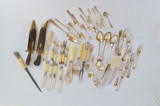A quantity of silver plated ware, including a part set of ivory handled fruit knives and forks,