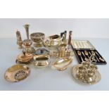 A collection of silver and silver plate, including a set of George V silver grapefruit spoons, a